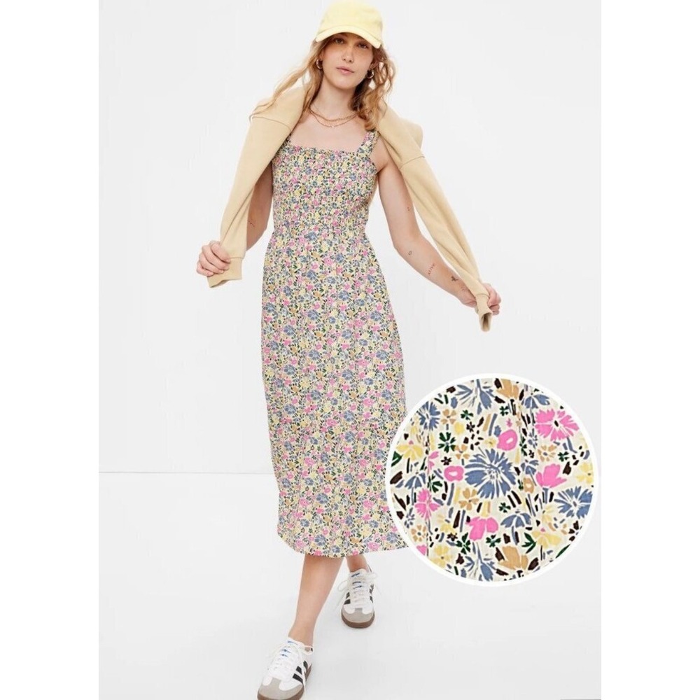 GAP Smocked Floral Cotton Tiered Midi Dress Multi Color S Small Cottagecore Sun‎